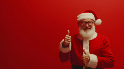 Holly jolly x mas noel! December surprise, travel, trips, party time! Playful cool funny naughty tourist santa grandfather keep his tumbs up, fooling around, in trendy specs, so confident