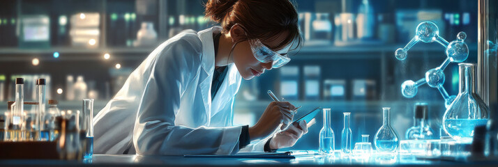 A thoughtful female scientist interacts with a touchscreen, surrounded by high-tech lab equipment. The futuristic setting and vivid colors underscore her drive and expertise, banner