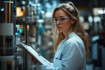A confident female scientist stands in a modern lab holding a clipboard. Her focused, determined expression shows her knowledge and insight in the research space