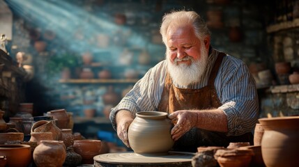 An experienced potter shapes a clay jar on a wheel, surrounded by various pottery pieces in a tranquil workshop bathed in warm sunlight