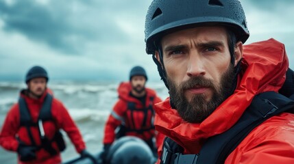 group of rescue workers in bright red gear gathers near tumultuous ocean waves. Dark clouds indicate an impending storm as they ready for an emergency mission