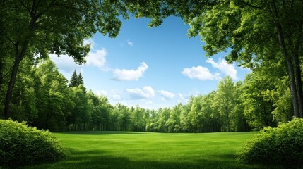 Naklejka premium A vast green field stretches out, edged by a variety of trees under a brilliant blue sky with scattered clouds. The sunlight bathes the area, creating a peaceful outdoor atmosphere
