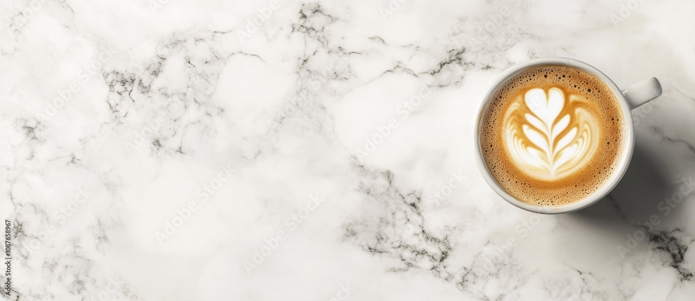 Poster a cup of latte art resting on a marble surface, showcasing intricate designs.