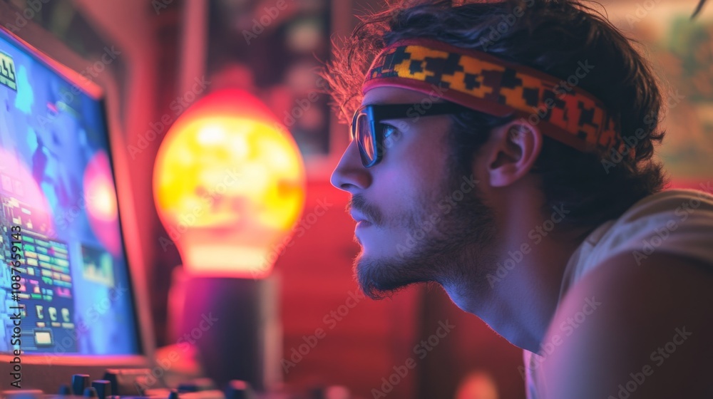Poster A man with a headband and glasses is intensely focused on a computer screen displaying a vibrant video game.
