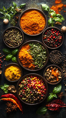 Fototapeta premium Wide variety of colorful spices and herbs being displayed in rustic bowls on a dark grunge background