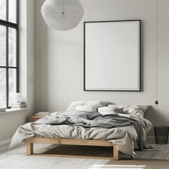 Minimalist bedroom interior design with a wooden bed, white bedding, two wicker pendant lights, a small plant, and a wooden side table