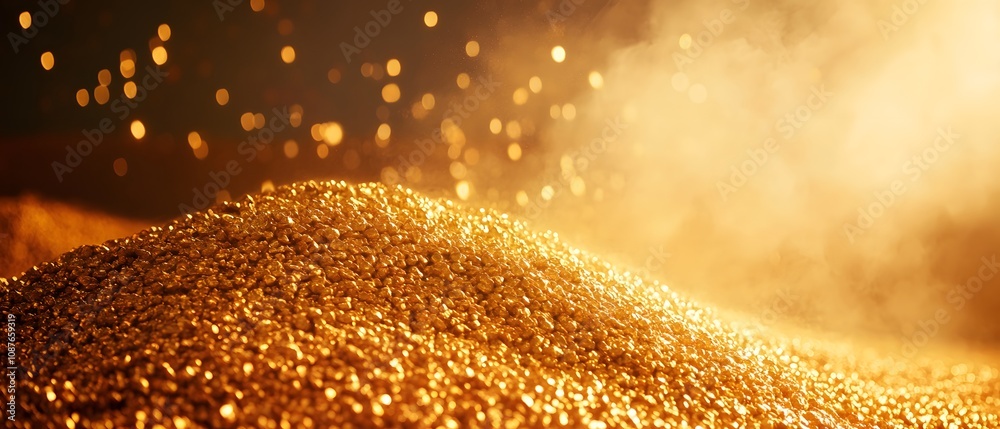Poster glimmering gold dust pile with sparkling light effects in an artistic background suitable for financ