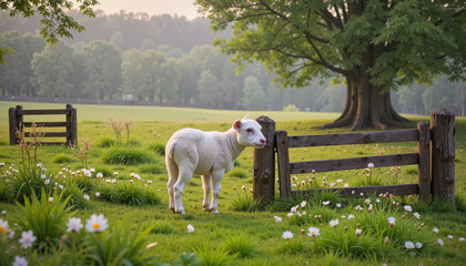 Obraz premium Lamb in a spring meadow with daisies for Easter.