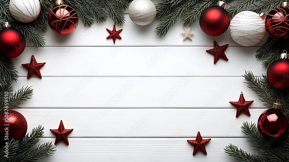 Poster minimalistic christmas layout featuring red and white ornaments with pine branches on wood : generat