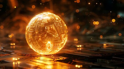 A glowing, floating orb with intricate circuit patterns, hovering above a metallic surface.