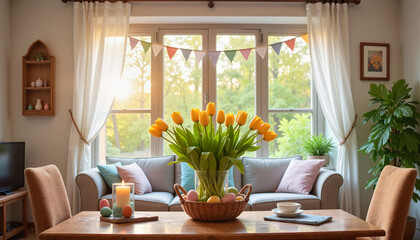 Fototapeta premium Easter tulips and festive decorations in a cozy living room.