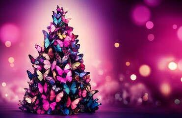 A creative Christmas concept featuring a large Christmas tree decorated with colorful butterflies, bringing a festive, nature-inspired twist to holiday decor. Copy space
