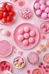 An assortment of pink desserts and treats elegantly arranged on a soft pink texture, creating a sweet visual appeal.