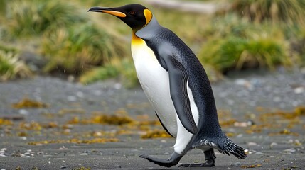 Fototapeta premium King penguin walking on a sandy beach