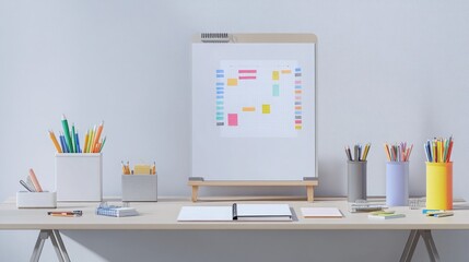 A tidy desktop with a single notebook, carefully arranged supplies, and a whiteboard with color-coded ideas laid out in a streamlined manner, ready for focused work.