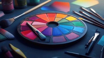 A traditional artists palette merged with a digital color wheel, surrounded by traditional brushes and modern graphic design tools, symbolizing creativitys evolution.