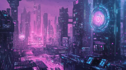 A futuristic cityscape with glowing pink and blue lights.