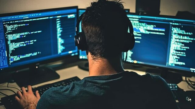 Programmer intensely codes on dual monitors in dimly lit room