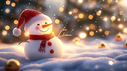 Obraz premium Festive Snowman in Santa Hat Surrounded by Golden Lights and Snowflakes : Generative AI