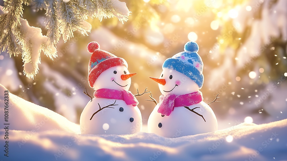 Poster delightful snowman pair in vibrant winter scenery with sparkling lights : generative ai