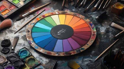 A traditional artists palette merged with a digital color wheel, surrounded by traditional brushes and modern graphic design tools, symbolizing creativitys evolution.