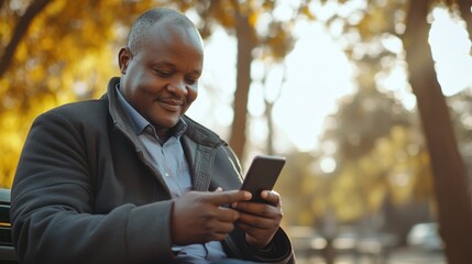 Man relaxes on a park bench using a financial app on his smartphone in the sunlight