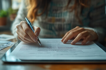 A close-up of hands filling out an enrollment form on a tablet, showcasing a digital interface with input fields for a seamless online registration process.
