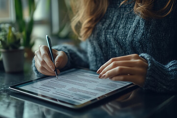 A close-up of hands filling out an enrollment form on a tablet, showcasing a digital interface with input fields for a seamless online registration process.
