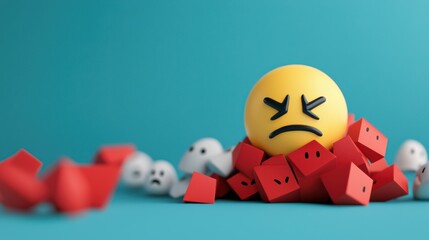 Cyberbullying on social media concept. A frustrated emoji surrounded by red blocks and white objects.