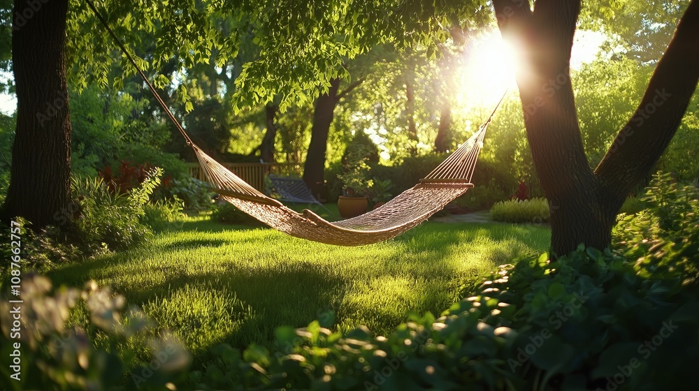 Poster a peaceful scene of a hammock tied between two trees, swaying gently in the breeze