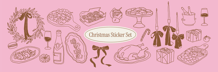 Collection of naive hand drawn Christmas illustrations. Food, turkey, appetizers, drinks, desserts, wreaths with bows. Vintage chalk sketch style for festive designs, menus, invitations, greeting card