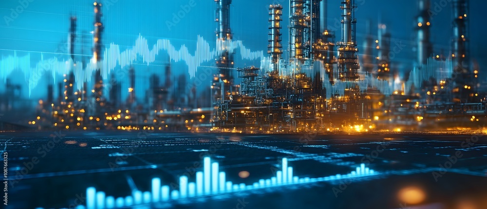 Fototapete futuristic industrial scene with high-tech oil refinery and dynamic data visualization overlaid on d
