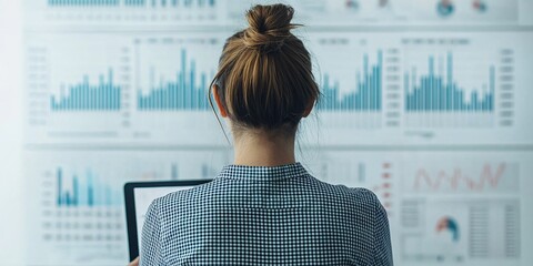A person analyzes data displayed on a wall of charts and graphs, using a laptop in a modern office environment.