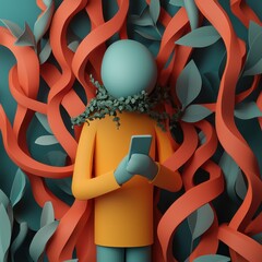 Cyberbullying on social media concept. A person surrounded by vibrant foliage, using a smartphone.