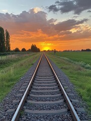 Fototapeta premium Sunset Railway Tracks - Railway tracks vanish into a vibrant sunset, symbolizing journey, hope, travel, freedom, and the future.