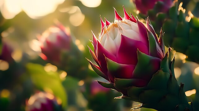 Beautiful Protea Flower in Soft Morning Light in a Peaceful Garden : Generative AI