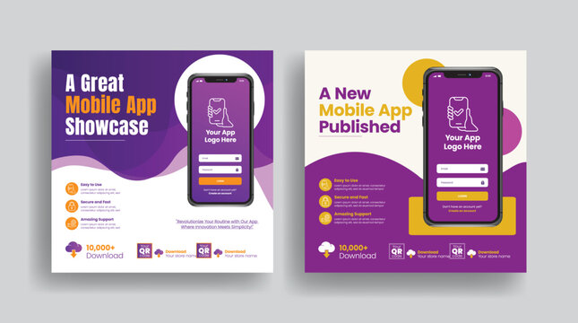 Mobile app promotion and mobile app development social media posts, software promotion banner ads, phone repair promotional advertising design with 3d smartphone illustration