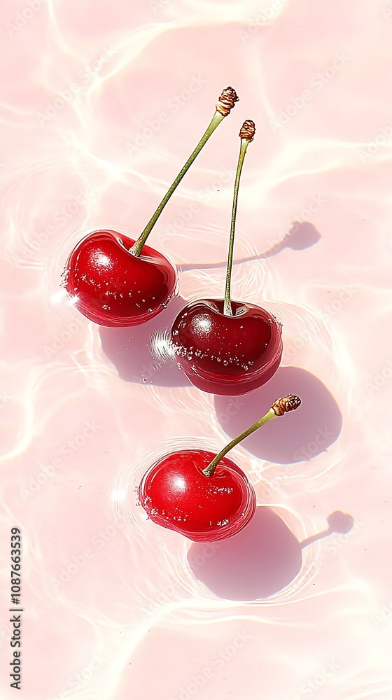 Poster three vibrant cherries elegantly floating with reflections in pink water : generative ai