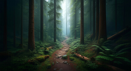 Fototapeta premium Hiking trail in the Spring, mature trees, vibrant colors, dense forest, wooded nature landscape 