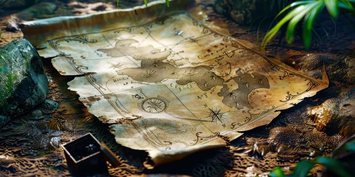 Pirate captain's treasure map leading to a remote island hideout, marked with cryptic symbols and buried chests of plunder, 4K Video