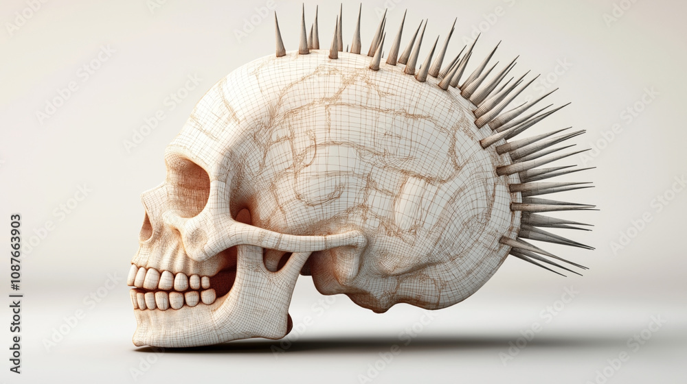 Wall mural 3d digital of an anthropomorphic skull with a mesh texture and sharp spikes on the cranium, set agai