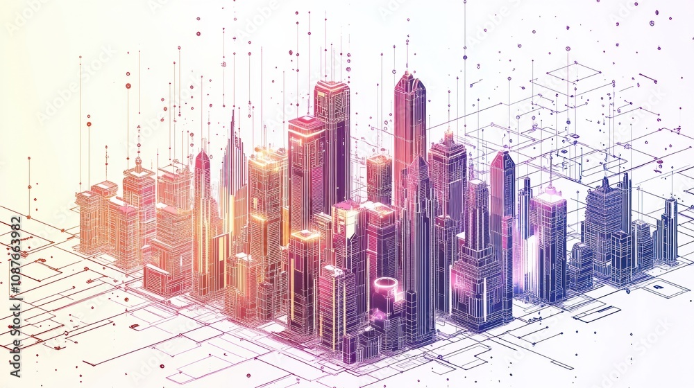 Aufkleber a vibrant smart city showcases innovative architecture linked by an ai network, demonstrating modern