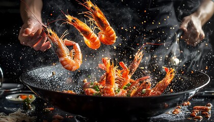 Chef tossing prawns from a sizzling wok, highlighting culinary expertise and action.