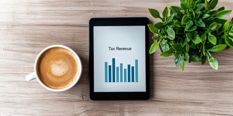 A tablet displays a bar graph next to a cup of coffee and a potted plant, symbolizing productivity and data analysis in a workspace.