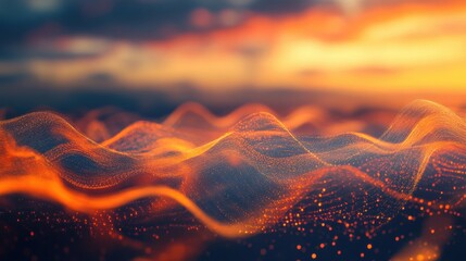 Abstract Orange Sunset Waves Digital Art, Particle Background