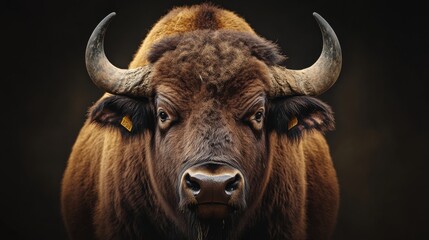 Portrait of a large brown buffalo bison with horns 