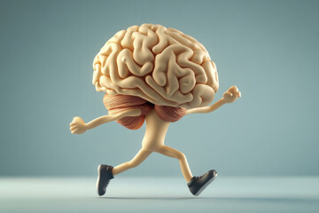 A whimsical depiction of a human brain with legs and arms, running energetically, merging the concepts of intelligence and physical activity in a visual metaphor.