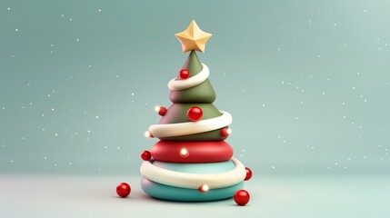 A whimsical, layered Christmas tree with colorful rings in red, green, blue, and white, adorned with red baubles and a golden star on top against a gently falling snow background.