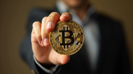 Businessman hands presenting a bitcoin