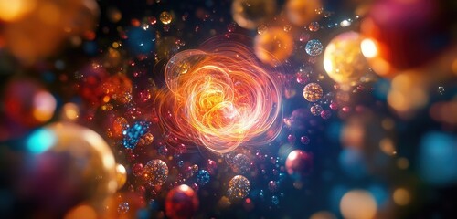 A vibrant array of particles swirling energetically around a central theme, symbolizing the lively exchange of ideas in brainstorming.